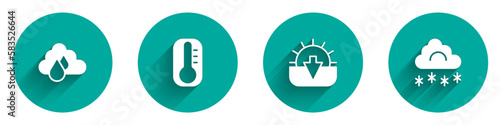 Set Cloud with rain, Thermometer, Sunset and snow icon with long shadow. Vector