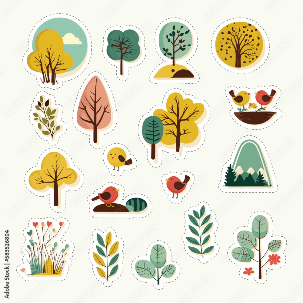 Sticker Style Tree, Flower, Cute Birds, Leaves With Mountains Element Set.