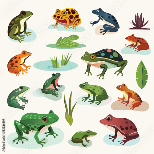 Set Of Different Types Frog Character With Leaves Element.