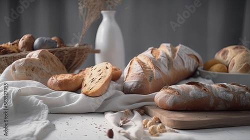 Composition with breads isolated on white table. Generative AI