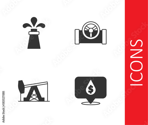 Set Oil drop with dollar symbol, rig, pump or pump jack and pipe valve icon. Vector