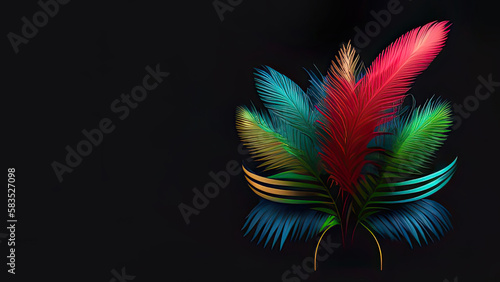 Bunch of Multicolored Feathers On Black Background And Copy Space.