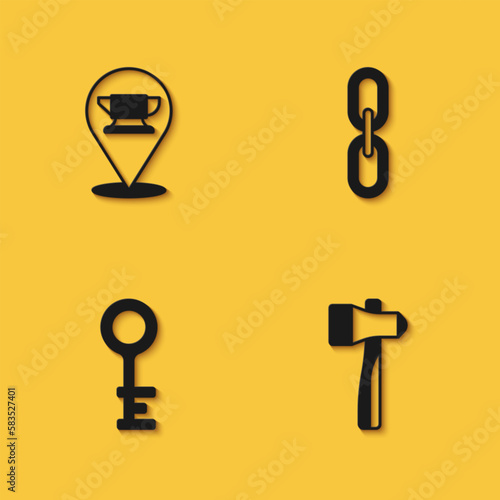 Set Blacksmith anvil tool, Hammer, Old key and Chain link icon with long shadow. Vector