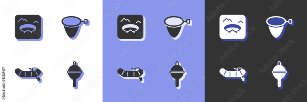 Set Fishing float, Winter fishing, Inflatable boat with motor and net icon. Vector Set Fishing float, Winter fishing, Inflatable boat with motor and net icon. Vector
