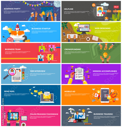 Business banners set with startup, training process and success elements, crowdfunding, helpline. Online business conference, mobile ad, job interview, web designing, send mail, teamwork and party