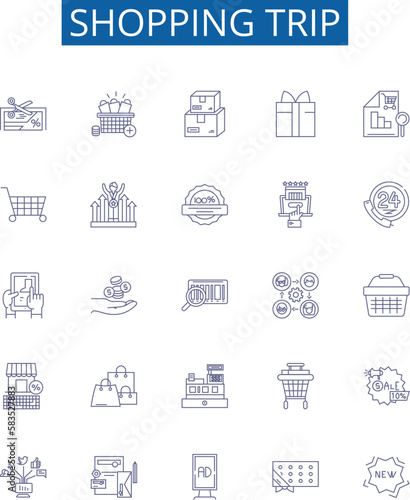 Shopping trip line icons signs set. Design collection of Shopping, Trip, Store, Purchase, Outing, Buy, Item, Shop outline concept vector illustrations
