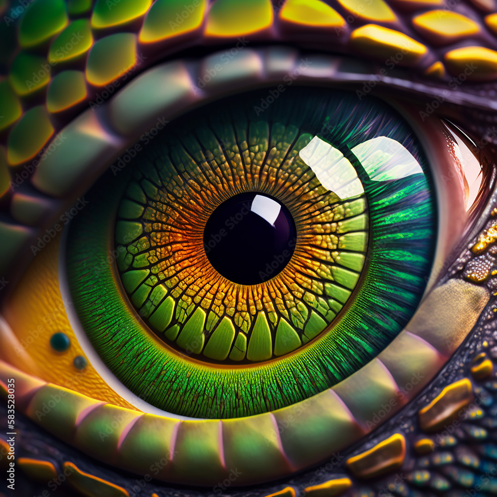microscopic crystal clear dinosaurs eye with insane detailed eye of the dragon Close Up of a hyper realistic Green Tyrannosaurus Rex Eye as Generative AI illustrations