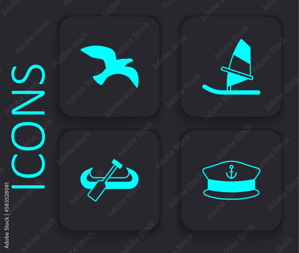 Set Captain hat, Bird seagull, Windsurfing and Kayak and paddle icon. Black square button. Vector Set Captain hat, Bird seagull, Windsurfing and Kayak and paddle icon. Black square button. Vector