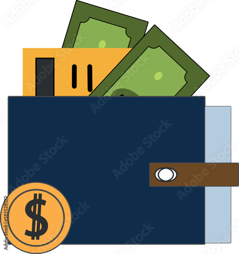 Vector illustration of wallet with cash and bank card. payment icon. payment types