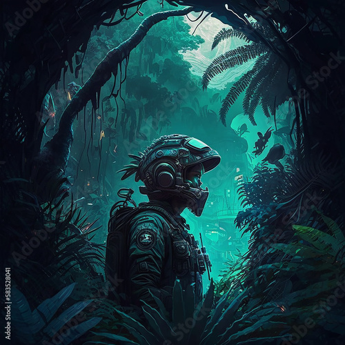 Cool Astronaut walking in to the wild mysterious jungle illustration aesthetic vibes in tropical forest illustration as Generative AI illustrations