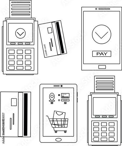 set of black and white icons payment by bank card, contactless payment, payment via phone