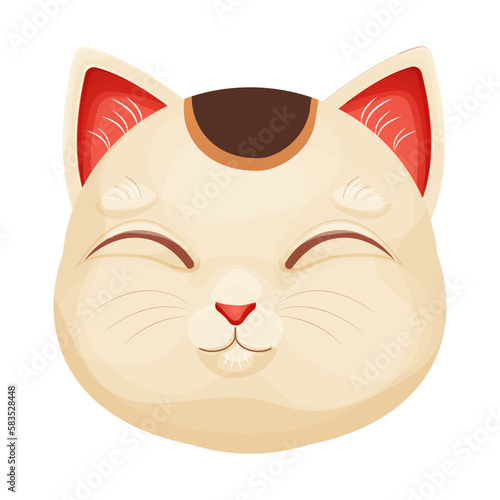 Maneki neko cat tradition figure lucky symbol, pet with collar and bell in cartoon style isolated on white background