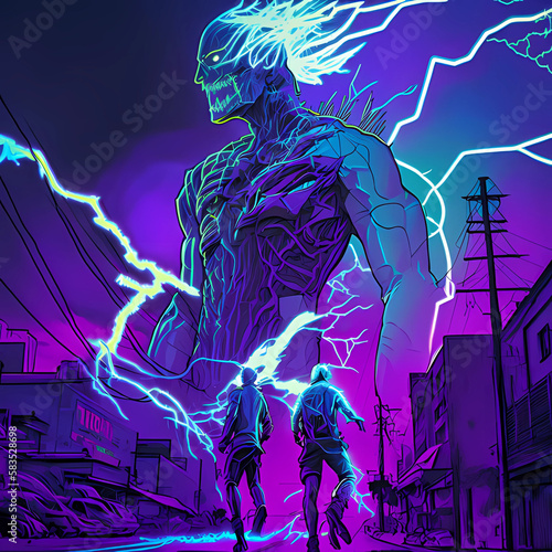 sketchy robotic humans, lightning in sky, living in a city, ultra realistic, hyper detailed, dayglo colored sky photo