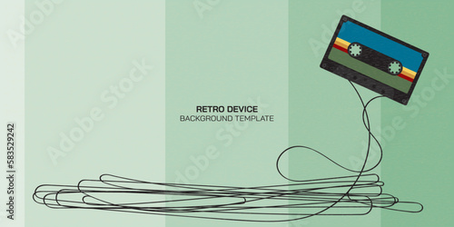 Retro audio tape cassette with strip tape flat design vector illustration on green background have blank space.