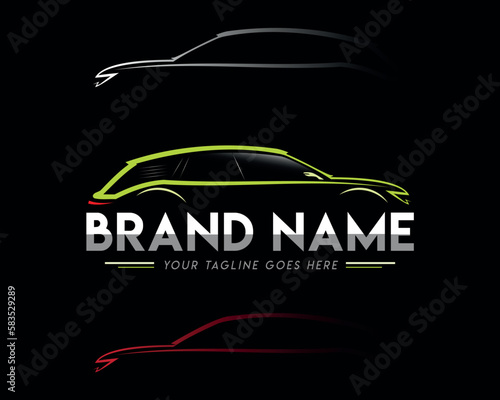 Car Logo Concept Sport Wagon silhouette in Black Background and Colours Variations
