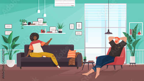 Love couple talking at home. Happy romantic married man and woman sitting in living room interior. Husband and wife in cosy homey apartment, communicating and relaxing. Family relationships © robu_s
