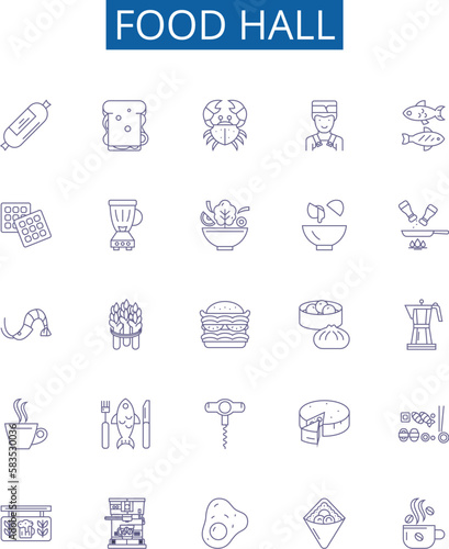Food hall line icons signs set. Design collection of Cafeteria, Delicatessen, Restaurant, Bistro, Eatery, Stall, Cuisine, Deli outline concept vector illustrations