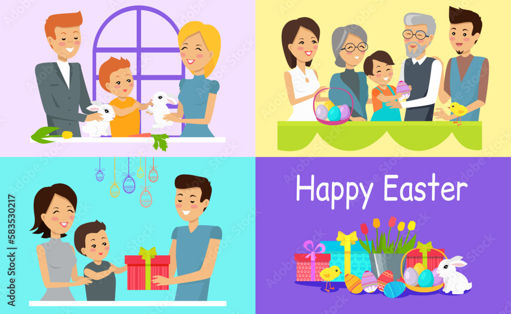 Easter family holiday banners set. Happy men, women and children with painted eggs, rabbits and gifts. Religious people parents and kids together doing decorations for international spring holiday Easter family holiday banners set. Happy men, women and children with painted eggs, rabbits and gifts. Religious people parents and kids together doing decorations for international spring holiday
