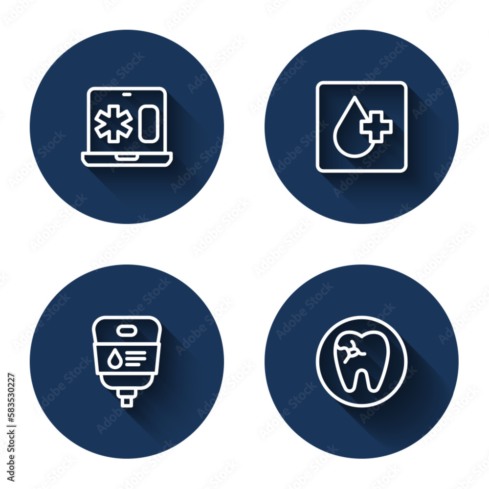 Set line Clinical record on laptop, Blood test, IV bag and Tooth with caries with long shadow. Blue circle button. Vector Set line Clinical record on laptop, Blood test, IV bag and Tooth with caries with long shadow. Blue circle button. Vector