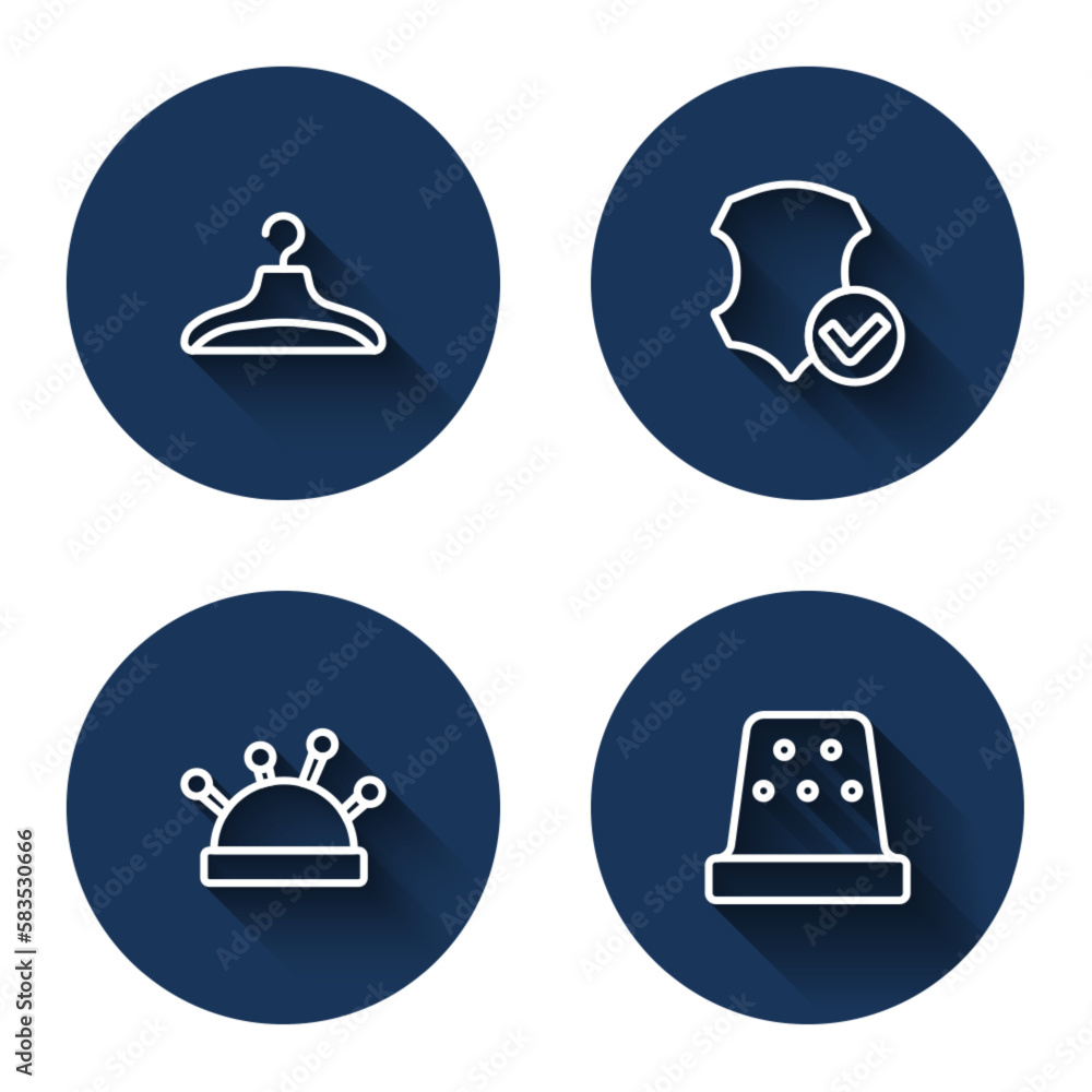 Set line Hanger wardrobe, Leather, Needle bed and needles and Thimble for sewing with long shadow. Blue circle button. Vector Set line Hanger wardrobe, Leather, Needle bed and needles and Thimble for sewing with long shadow. Blue circle button. Vector