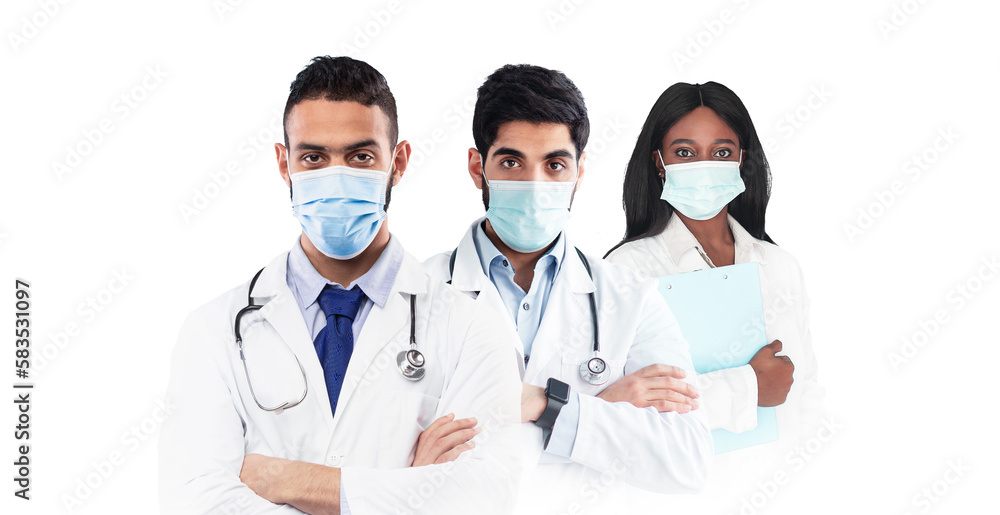Group of professional doctors in uniform standing isolated over white background Group of professional doctors in uniform standing isolated over white background