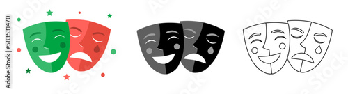 Masquerade vector icon on white background. Comic and tragic mask icon
