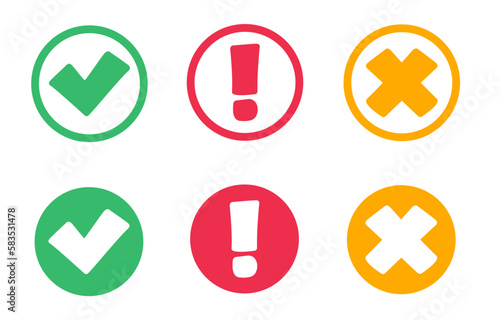 Icon set of check mark, cross, question mark, exclamation point. Vector illustration