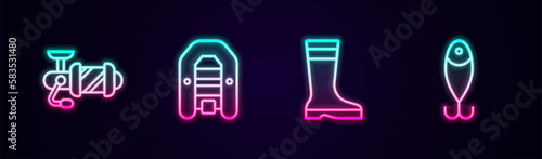 Set line Spinning reel for fishing, Inflatable boat with motor, Fishing boots and lure. Glowing neon icon. Vector