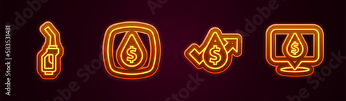 Set line Gasoline pump nozzle, Oil drop with dollar symbol, price increase and . Glowing neon icon. Vector