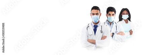 Medical Staff. Portrait Of Three Multiethnic Doctors In Uniform And Protective Masks