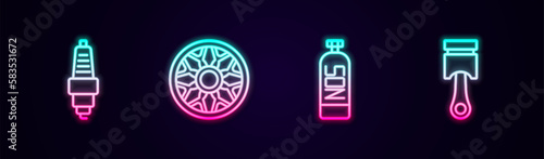 Set line Car spark plug, Alloy wheel for car, Nitrous oxide and Engine piston. Glowing neon icon. Vector