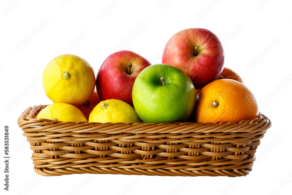 assorted fresh fruits apple,orange,lemon,in a square basket on white background, with copy space. assorted fresh fruits apple,orange,lemon,in a square basket on white background, with copy space.