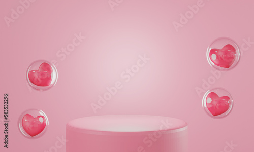 Happy valentines day podium decoration with heart shape balloon, gift box, confetti, 3D rendering illustration