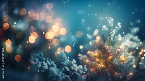 Christmas winter blurred background. Xmas tree with snow decorated with garland lights, holiday festive background. Widescreen backdrop. 