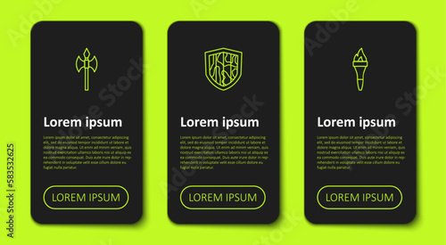 Set line Medieval axe, Shield and Torch flame. Business infographic template. Vector