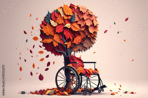 Empty wheelchair near tree with withered orange autumn leaves. No People. Concept of lonely elderly. Generative ai. photo