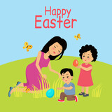Easter poster and banner with Easter eggs. Family holidays. Greetings presents for Easter Day with traditional attributes. Spring holiday. Design greeting card and invitation of Happy Easter day