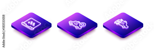Set Isometric line Taxi mobile app, Location taxi car and icon. Vector