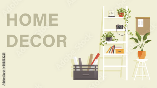 Home decor concept, rack with plant in pot, camera, books and box, houseplant, clock and other decor. Room furniture with interior items. Wooden shelf with decorations. Office or home furnishings