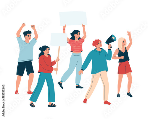 Group of people  with placards on demonstration. Angry men and women on parade, picket or strike. Activists, peaceful rights protest, manifestation. Isolated flat vector illustration