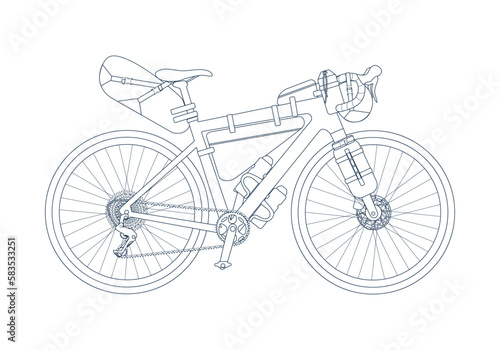 Gravel bike with bikepacking bags for saddle, frame, handlebar in line style. Road and touring bike. Vehicle for racing and tourism. Isolated outline vector illustration