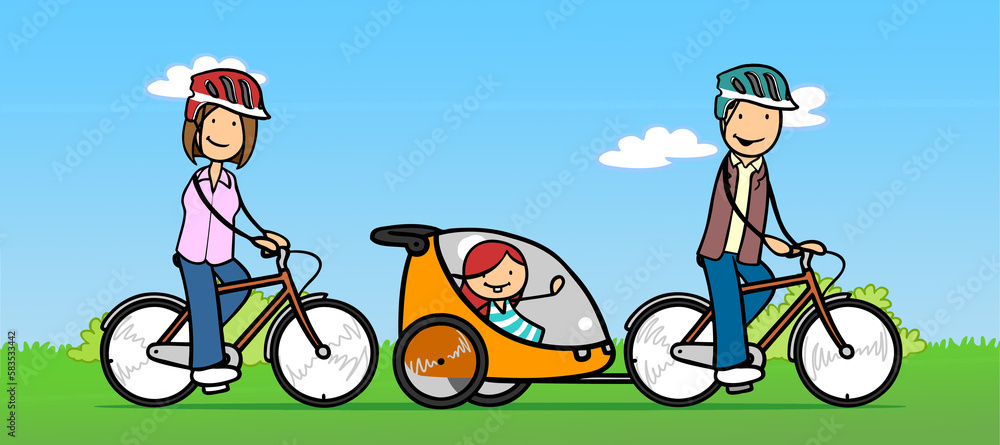 Fototapeta premium Familie beim Fahrrad fahren mit Anhänger in der Natur