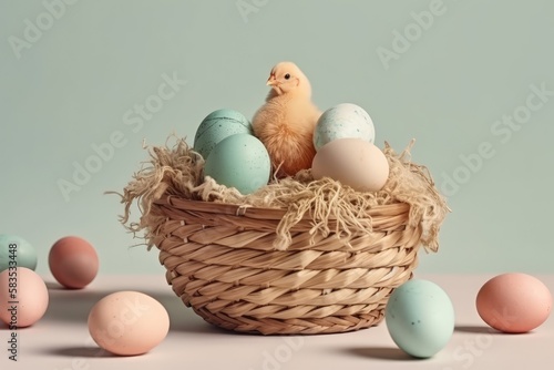 Easter egg nest guarding by a chick. Easter eggs and baby chickens. Generative ai.