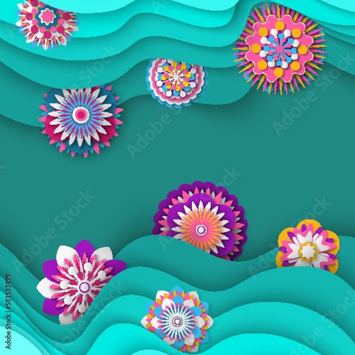 Paper cut spring flowers in shape of water spot. Fresh spring nature background. Floral banner, poster, flyer template. Colorful buds with different pettals on blue fond, origami flower decoration
