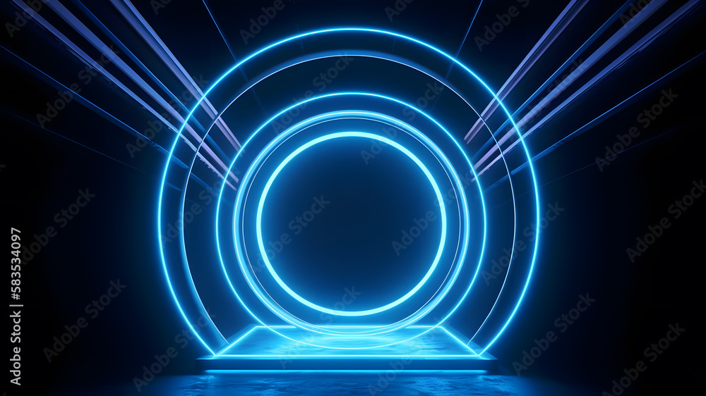 Round neon blue portal. Generative AI Round neon blue portal. Generative AI