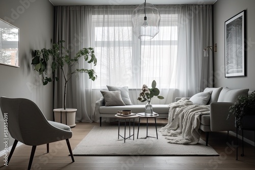 The living room's decor is in the Scandinavian style. In a house with gray walls, a minimalist sofa and armchair with pillows, a white table with a clear vase and dry plants, a little table with drink