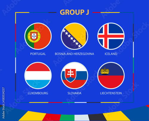 Circle flags of Group J. Participants of qualifying European football tournament 2024. © boldg