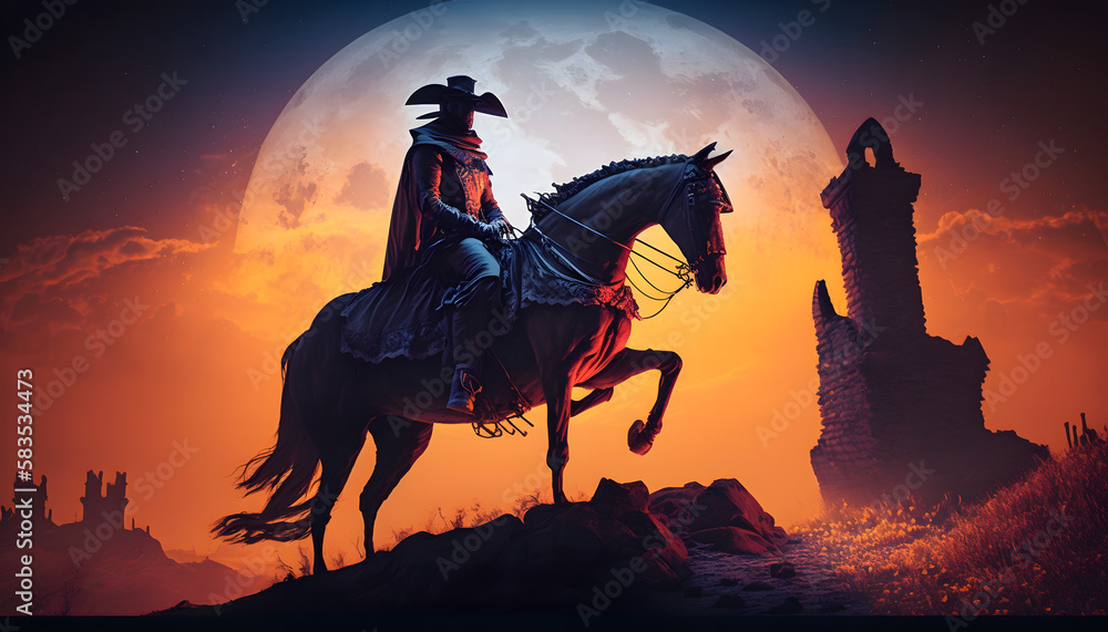 A warrior with a horse near a dark castle. Generative AI