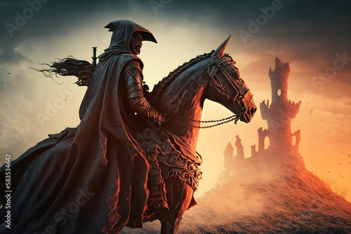 A warrior with a horse near a dark castle. Generative AI photo