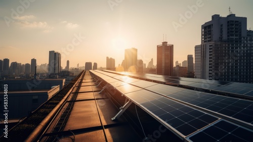 Solar array outside a city in the sunset made with generative ai © alesta